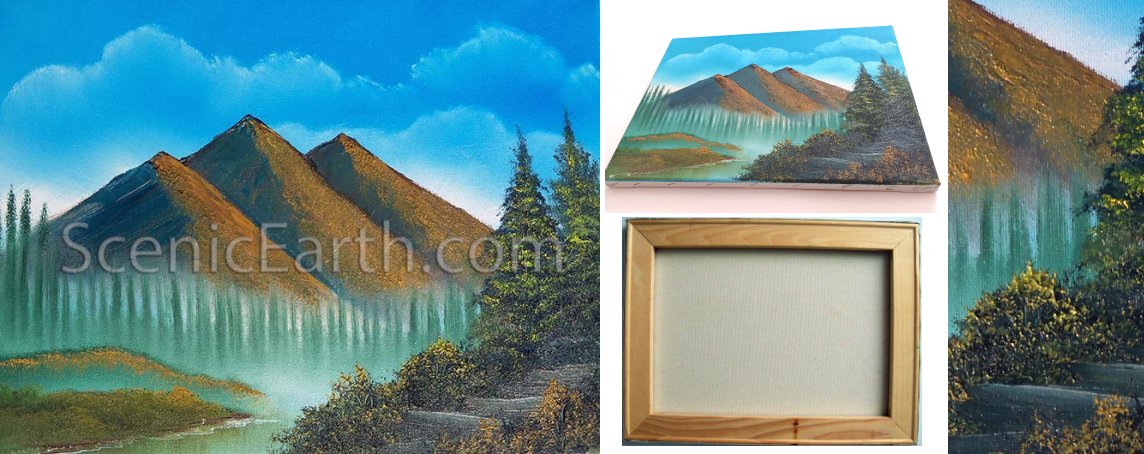 The Three Peaks of Misty Mountain - An original oil painting of three peaks surrounded by misty fog, mountains and water